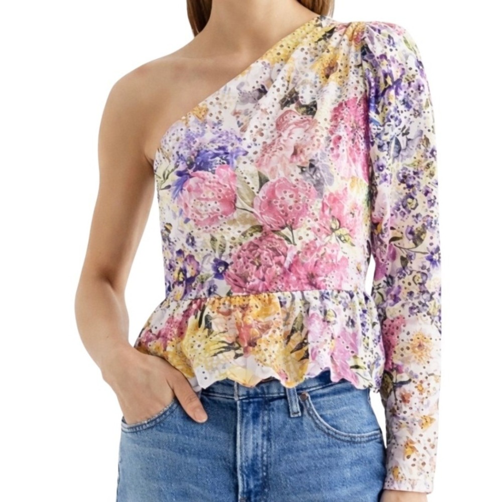 EXPRESS NWT One Shoulder Floral Eyelet Peplum Top Blouse Lined Shirt Size‎ 10